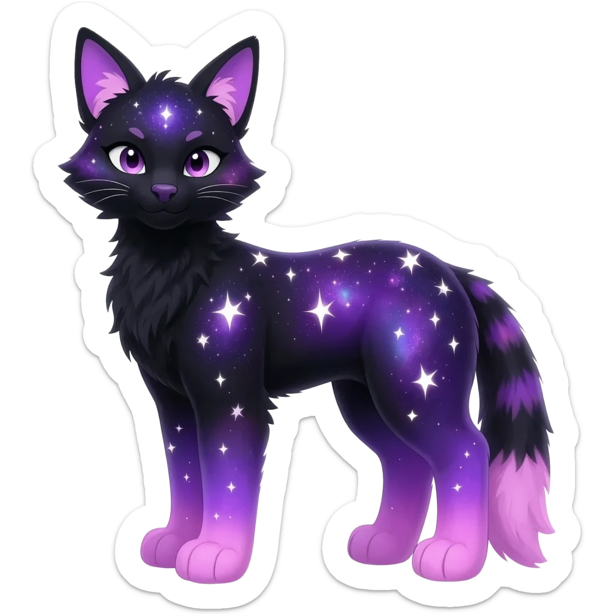 Colorful black-violet-indigo-purple-pink-gradients nebulae nebula white stars-sparkles-markings galactical shiny white-stars-patterned glorious iridescent divine exotic cute cool beautiful realistic Meloetta-caracal-civet-sergal-bunny-oncilla-animal-Fakémon-hybrid-fursona (full body) sticker