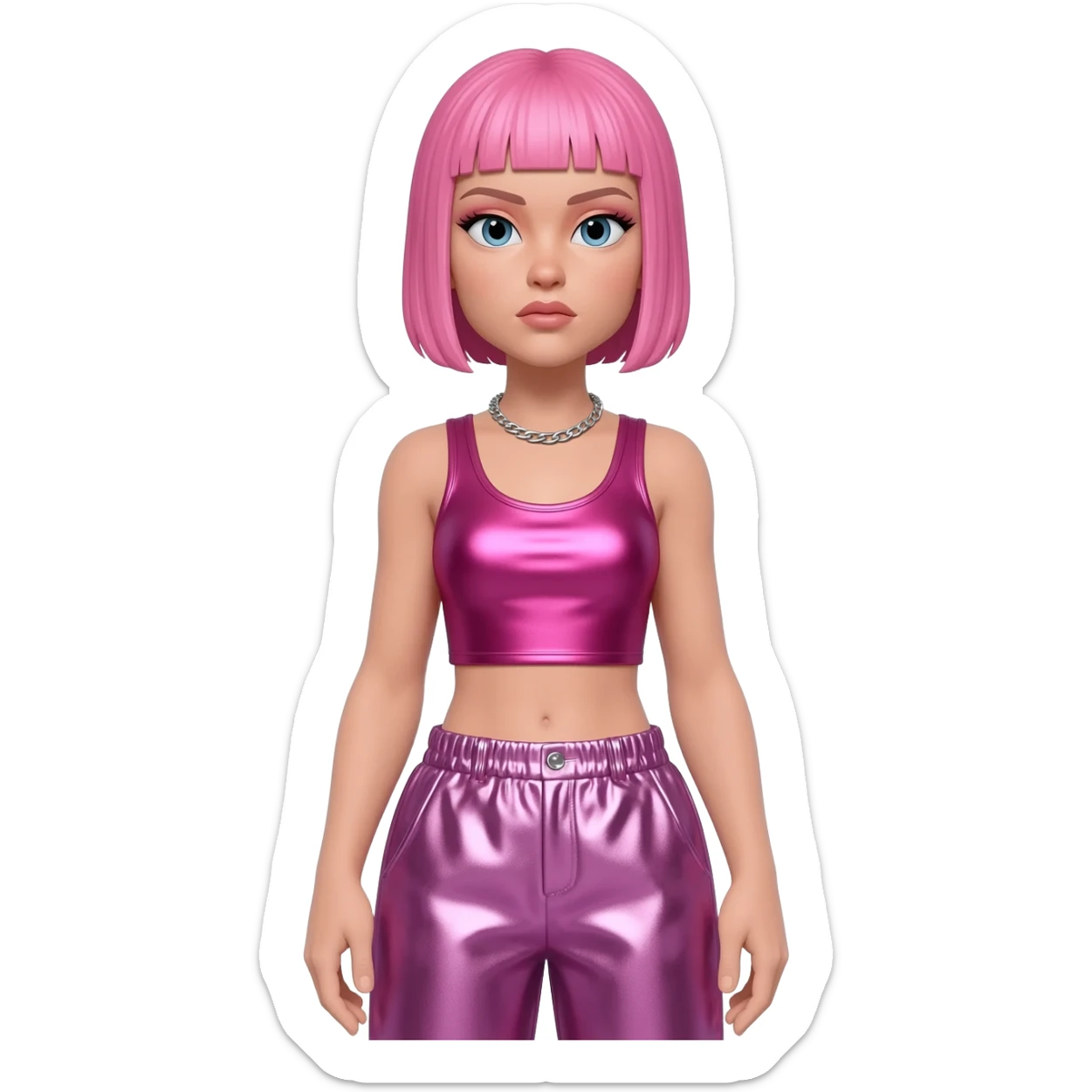 P!nk with blue eyes, pink short hair, fuchsia metallic crop top, lavender pink metallic baggy pants, silver necklace sticker