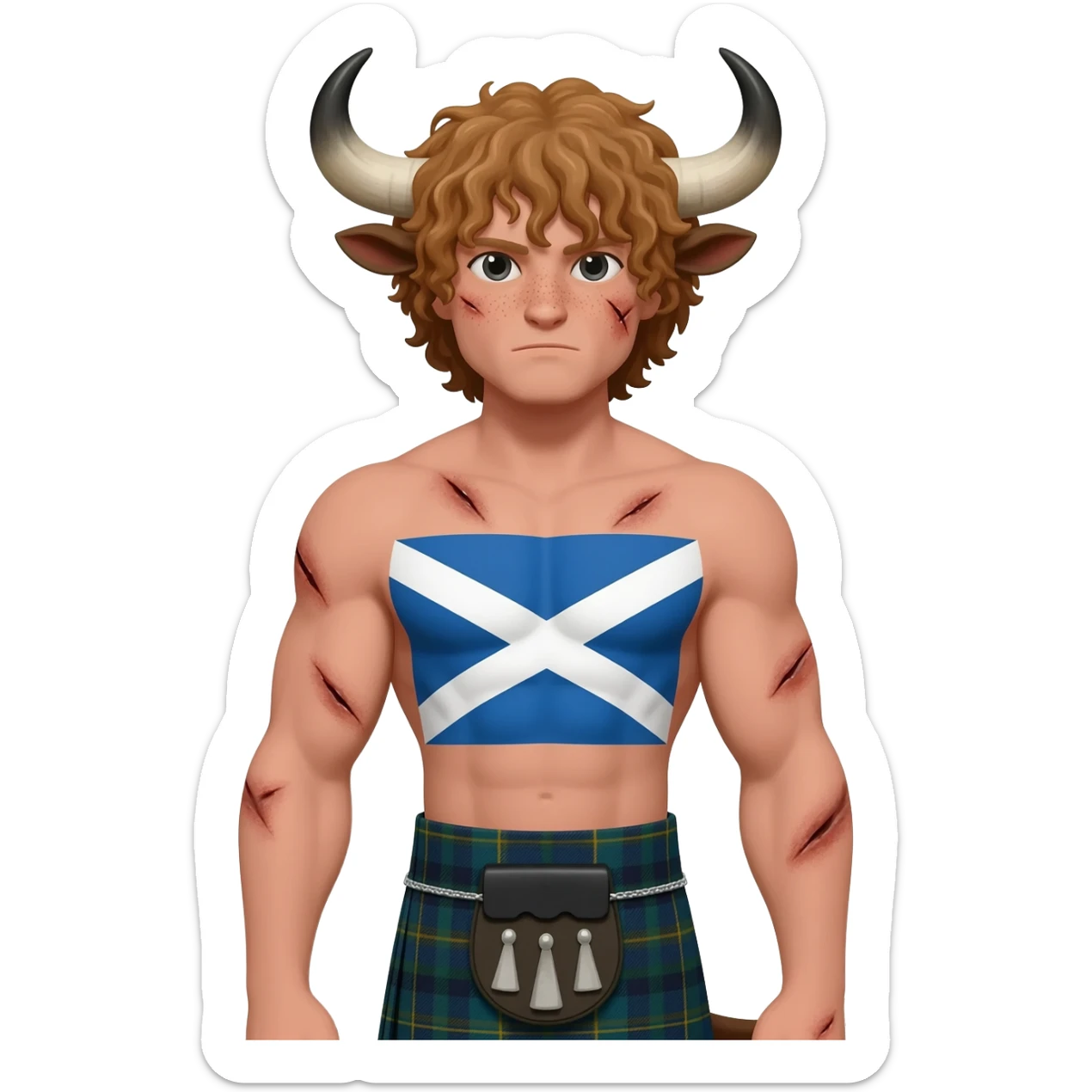 big buff curly man with scars on his face with freckles with messy light brown bangs that covers his face completely with bull horns and bull ears and bull tail dressed in kilt with big scottish flag sticker