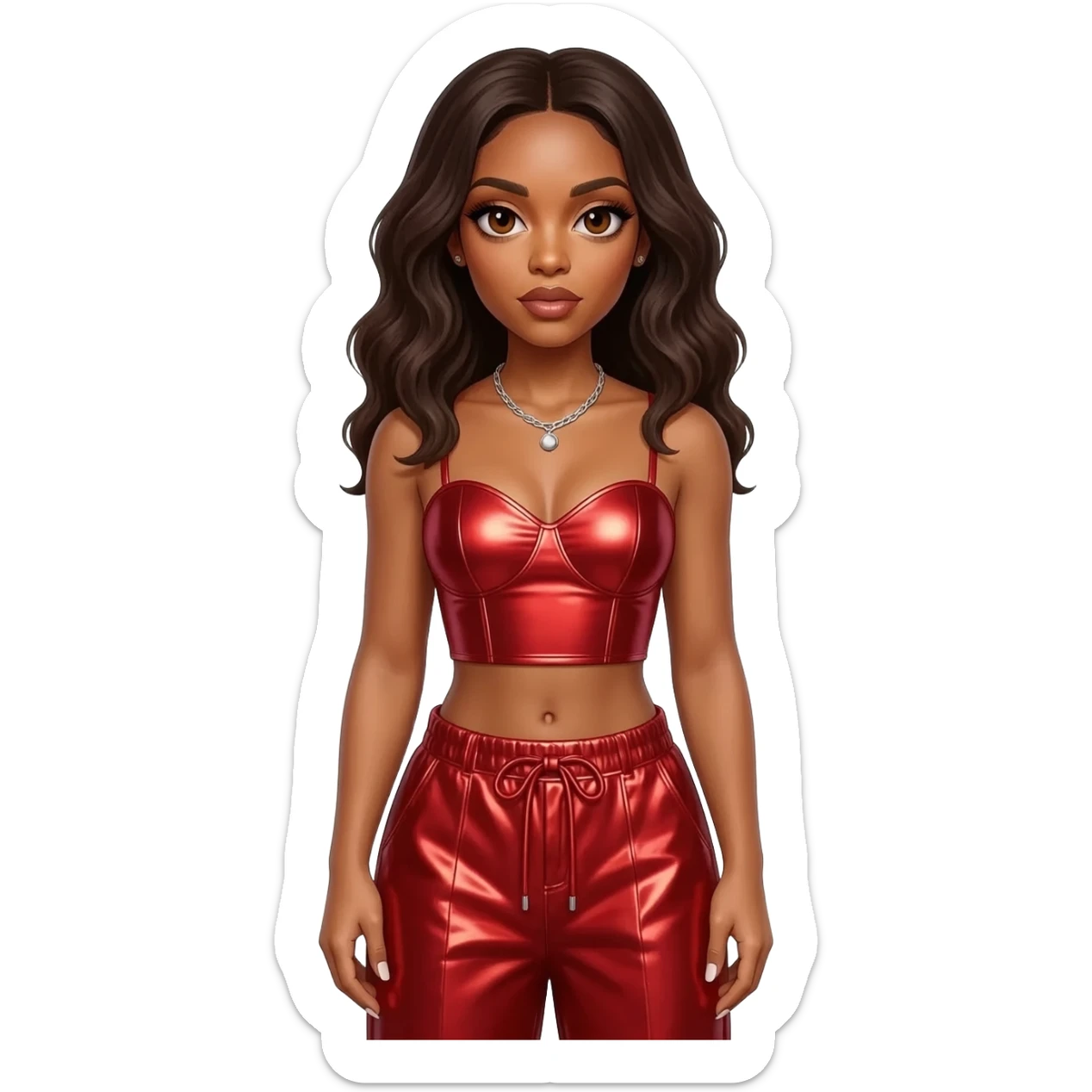 Kelly Rowland with brown eyes, dark brown hair, red metallic sweetheart crop top, red metallic baggy pants, silver necklace sticker
