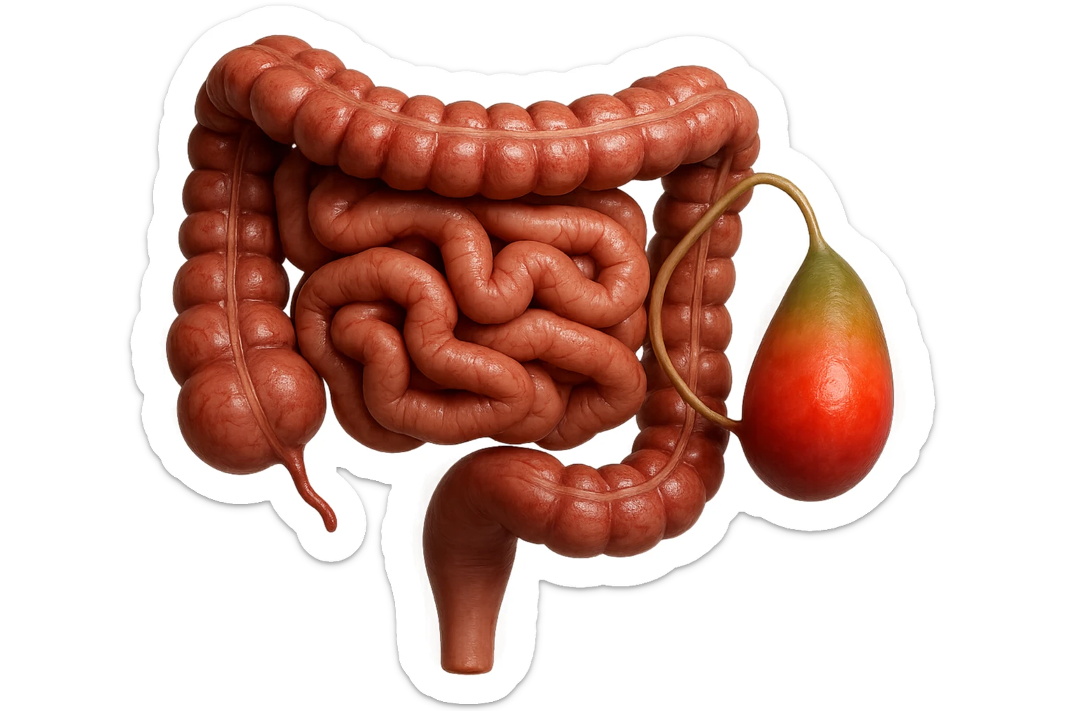 CISTIFELLEA E INTESTINO SONO COLLEGATI NEL DOLORE, SENZA SCRITTE E L'INTESTINO FALLO PERFETTO E REALISTICO, NON DISEGNATO iperrealistico 4k sticker