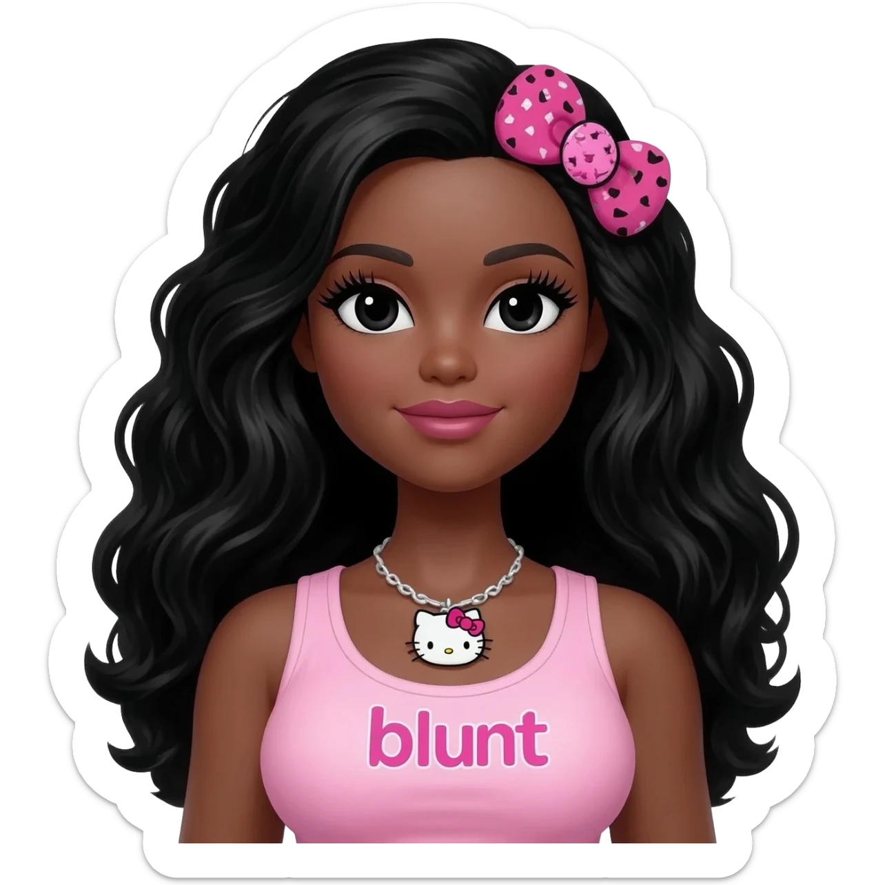 Long giant lashes, my melody hairclip, Doll faced shaped, hello kitty necklace, bimbo, black doll eyes, barbie, dark brown skin with long curls black hair, light pink bimbo sleeveless shirt says "blunt" , big breast sticker