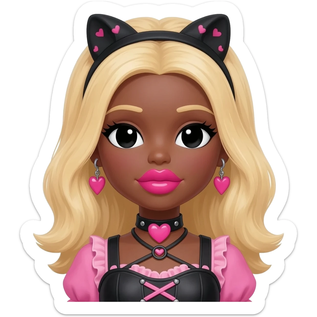 heart shaped cute lips bimbo, black doll eyes, Big lips barbie, dark brown skin with blonde hair, bimbocore outfit sticker