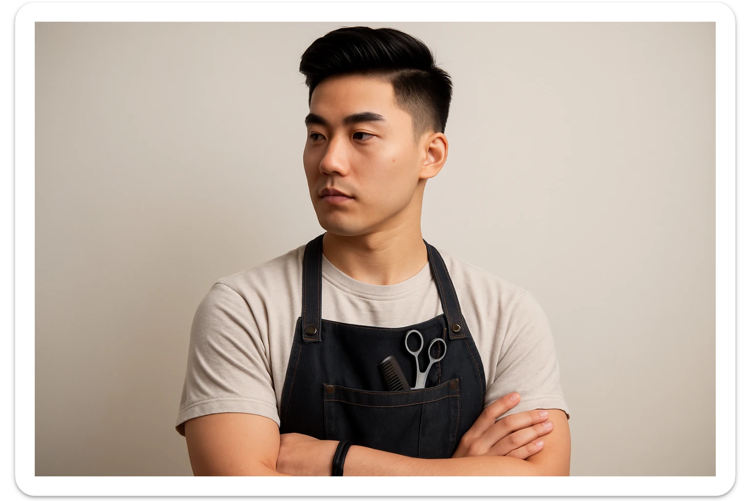 shu pozada turgan faqat o'ng tarafga qarab turgan sartarosh ustani tasvirlab ber realistik uslubda yoshi kattaroq soqol shart emas va osiyolik erkak soch turmagi ham boshqacharoq bo'laversin sticker