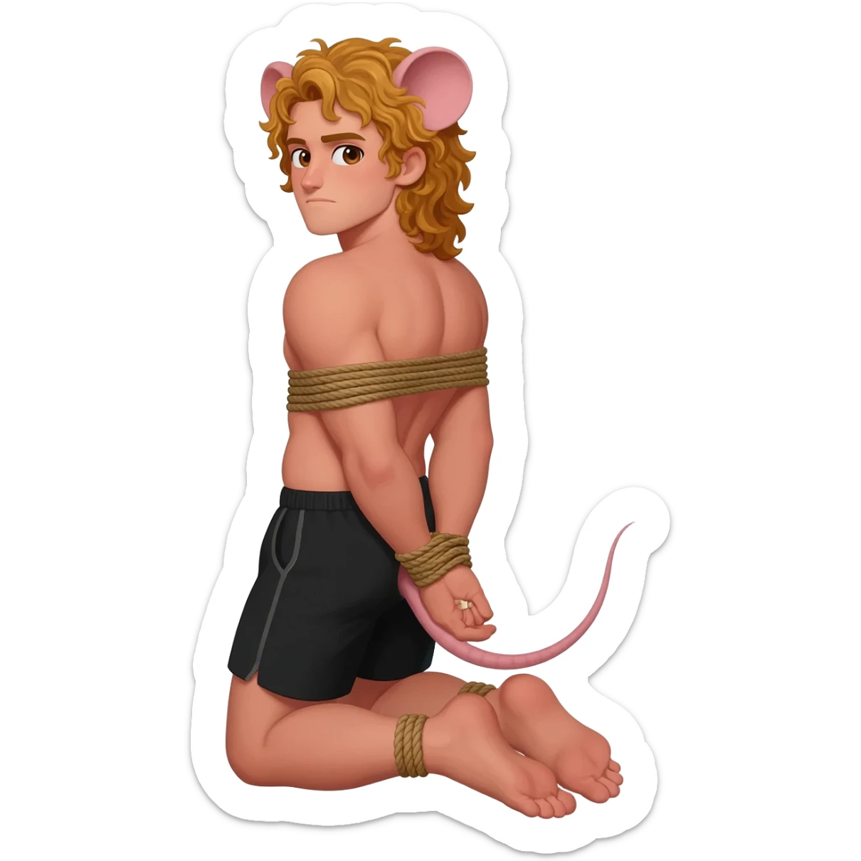 man with brown eyes, curly long blond hair. he has rat tail and rat ears. he dressed in black shorts. he is on his knees. her arms are tied up with ropes sticker