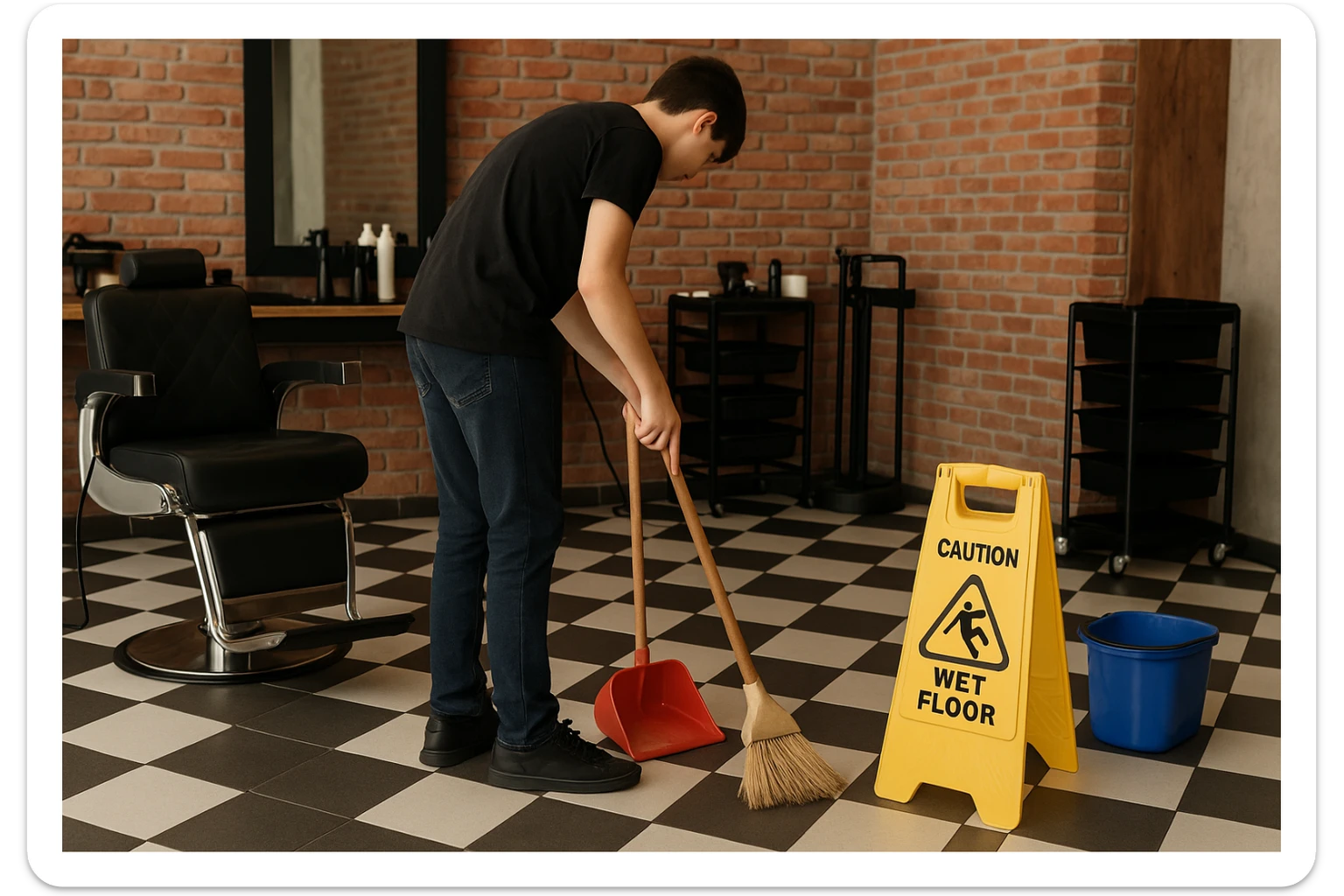 sartaroshxonani tozalayotgan o'smirin bola juda  yosh ham emas katta ham supir sudir qilaytgani narsalarni tozalayotgani yuzi ko'rinmasin
 sticker