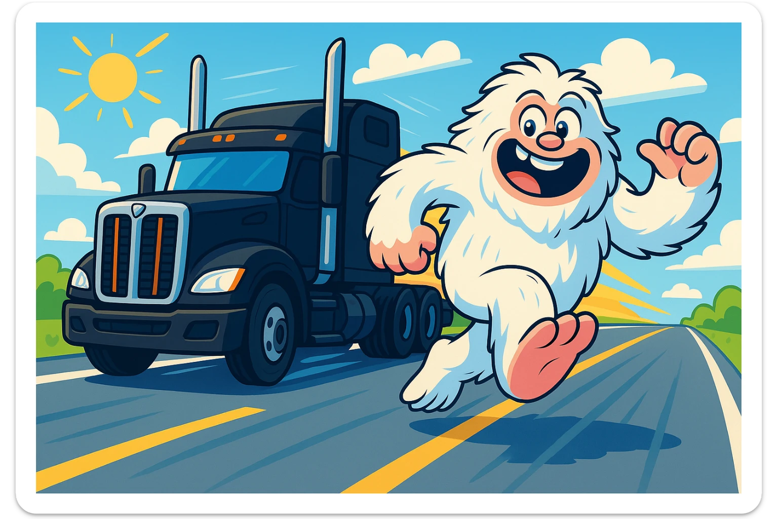 Edit the scene to depict a black semi truck chasing a smaller, more cartoonish abominable snowman on a highway. The setting should be lighter and brighter, with a cheerful and vivid atmosphere, emphasizing the cartoonish style of the abominable snowman and the dynamic chase on the highway. sticker