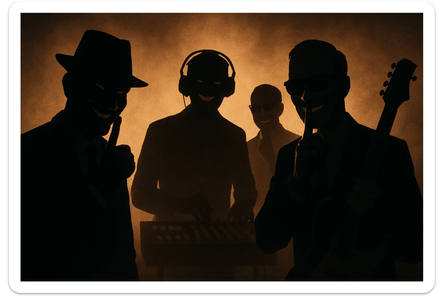 Siluetas y figuras de personas que trabajan en la industria musical, en las sombras, vistas desde lejos, con sonrisas burlonas y aire de superioridad, haciendo una señal con el dedo para pedir que otros hagan silencio o de estar guardando un secreto sticker