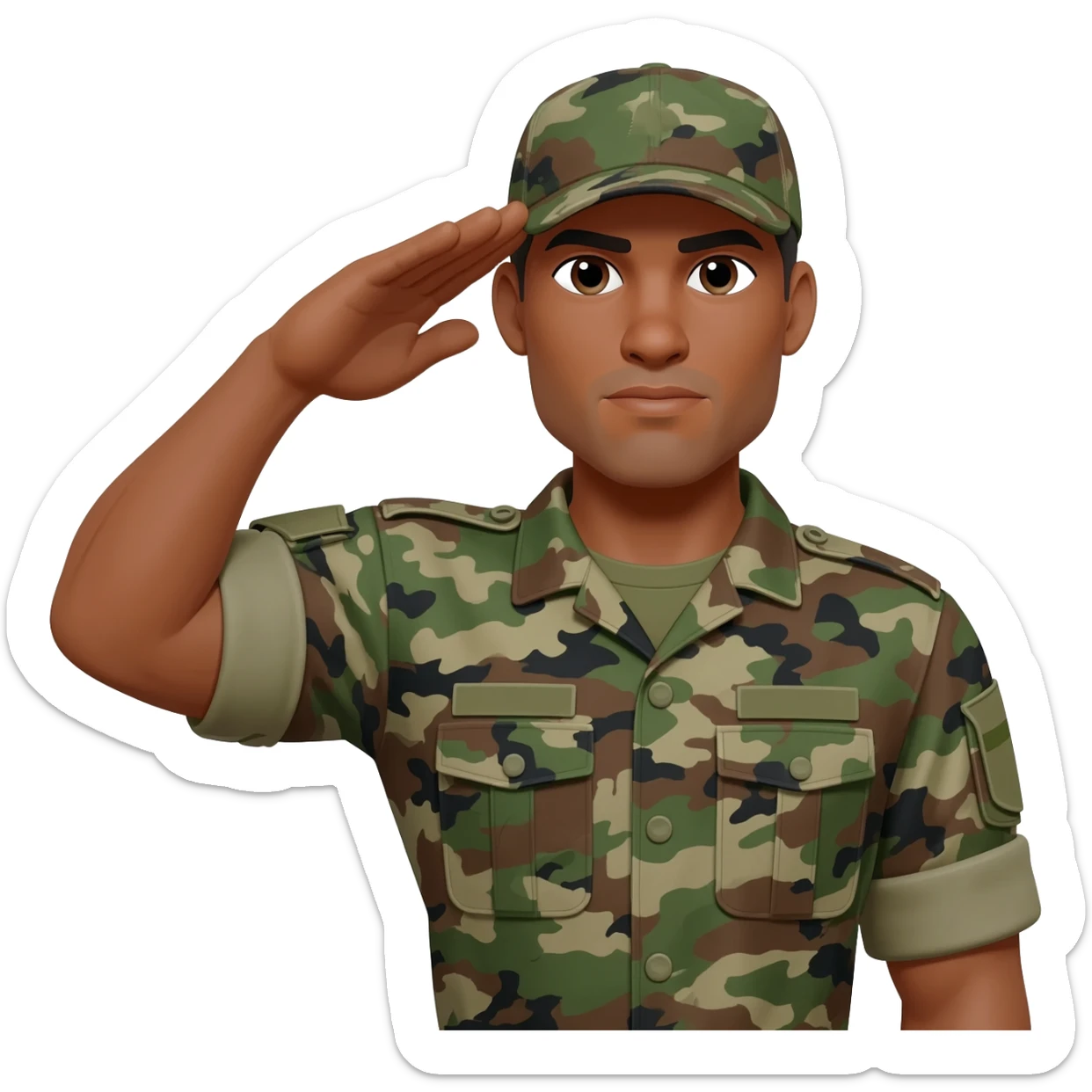 A black military soldier, brown skinned and camouflage uniform to include the hat saluting with the right arm, make the soldiers serious and make the built of the soldier muscular sticker