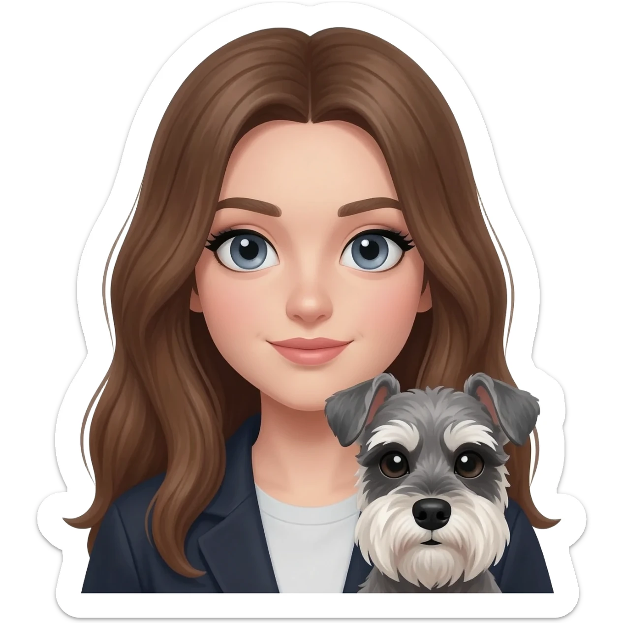 White girl with long, medium brown color hair dark blue grey eye with heavy eyeliner holding a salt and pepper miniature schnauzer sticker