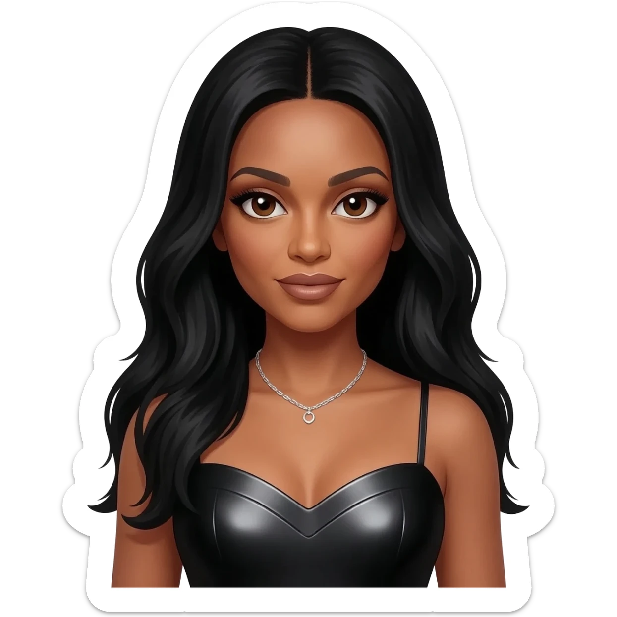 Aaliyah with dark brown eyes, long black hair, black metallic sweetheart dress, silver necklace sticker