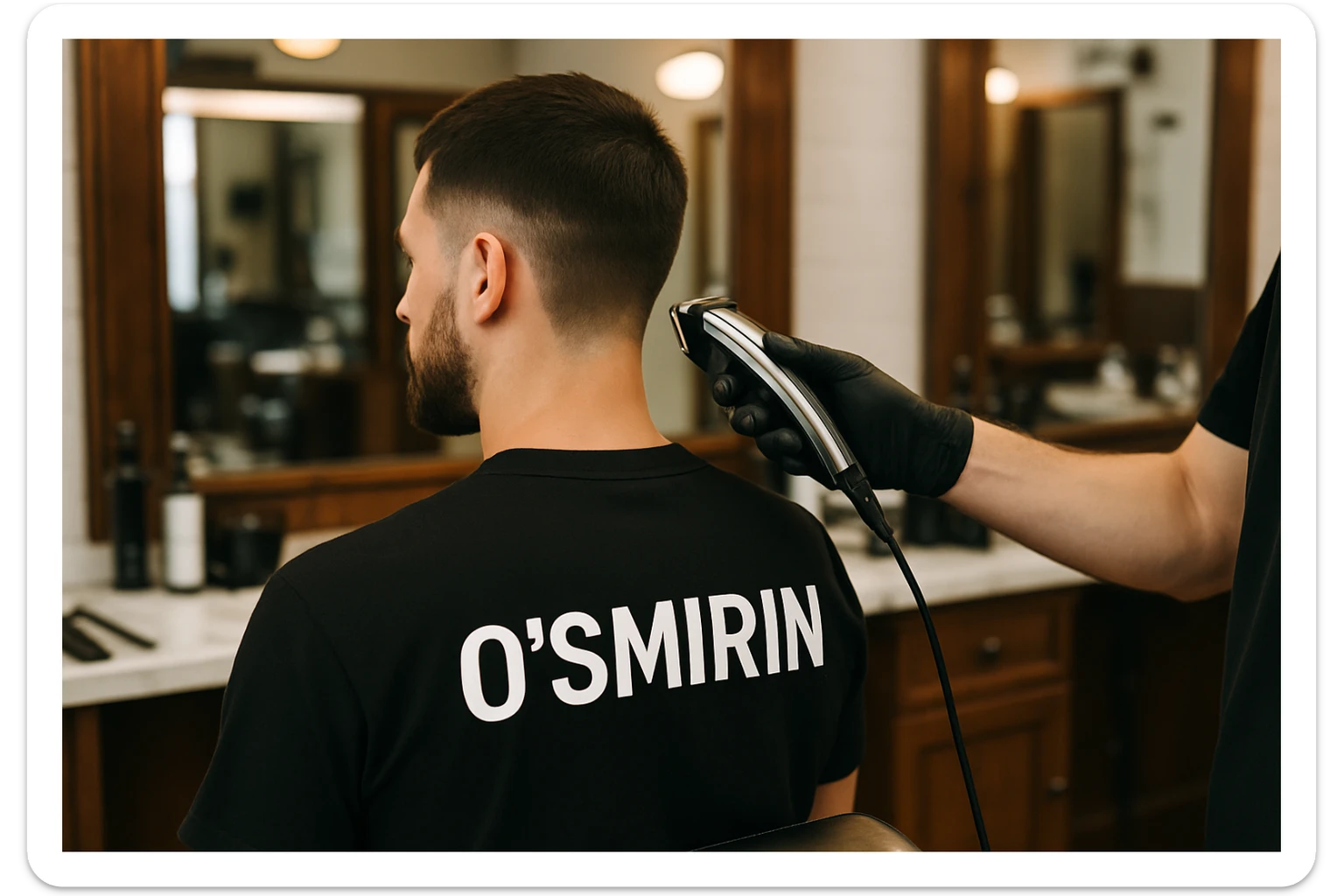 o'smirin bola qora futbolkada sartaroshxonada soch olayapti yuzi ko'rinmasin sticker