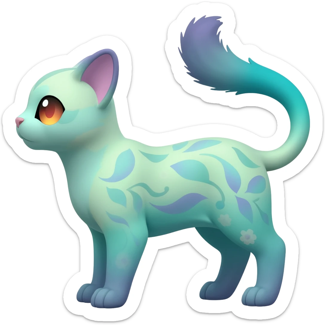 Pastel Mint-Aqua Soft-Iridescent Gentle Floral-Patterned Feline Sylveon-Liepard-hybrid-creature (full body) sticker