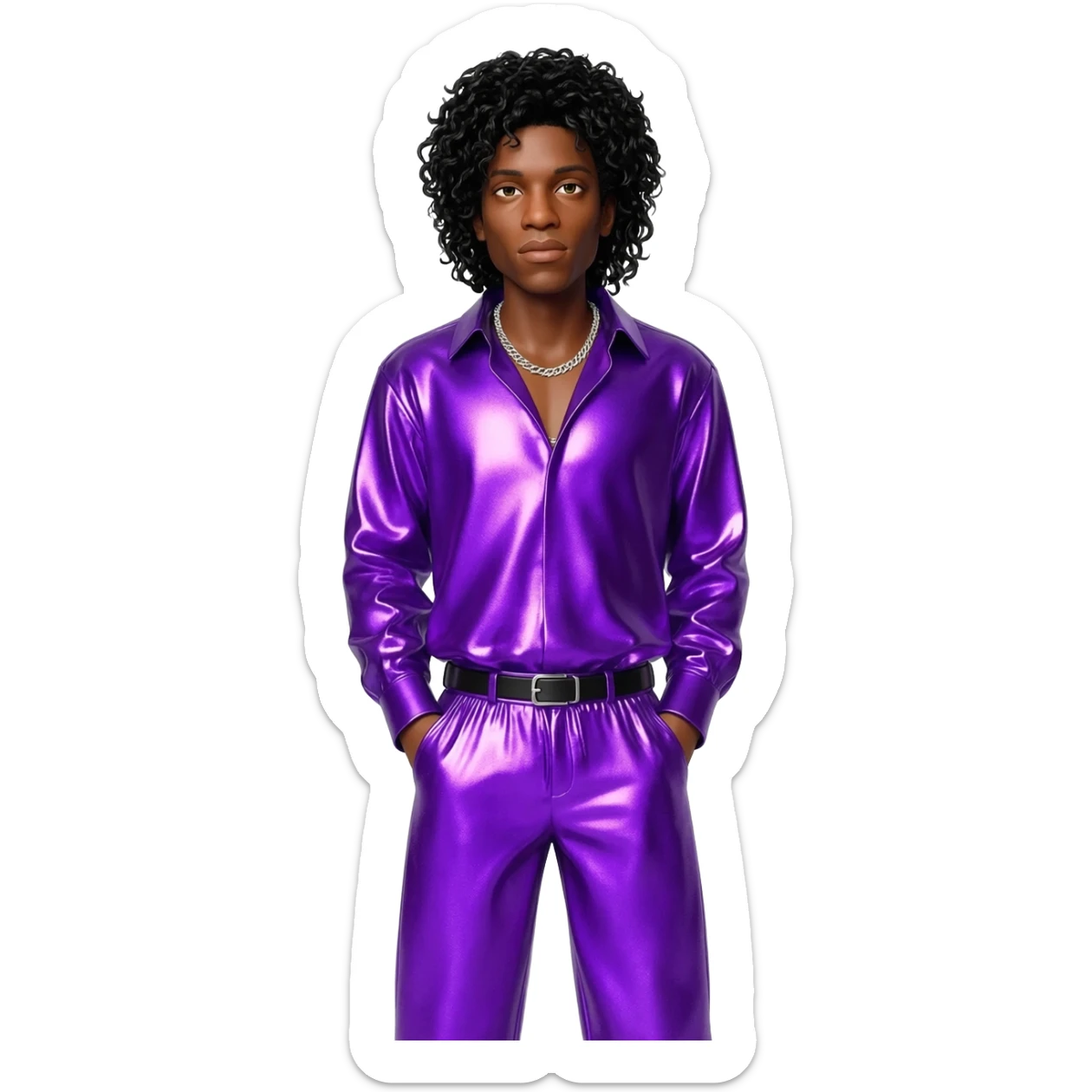 Prince Rogers Nelson with black long jerry curl hair, purple metallic shirt, purple metallic baggy pants, silver necklace sticker