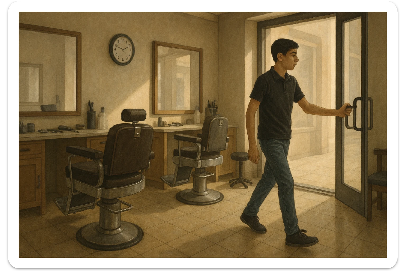 Shu odamni sartaroshxonaga kirib kelayapti  o'smirin davri rakurs ichkaridan sartaroshxona eski ham yangi ham emas bolani juda semiz qilib yuborma  u ozg'inroq bo'lsin huddi sartaroshxonani  hammadan oldin kelib ochsin sticker