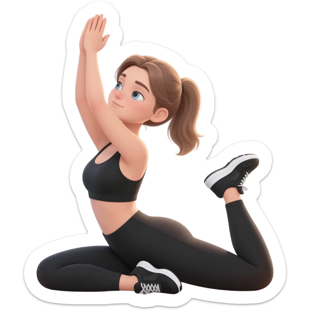 gentle bedtime stretch with sleepy mood, fair-skinned woman, gray-blue eyes, ash brown brows, ash light brown hair tied back, slim athletic body, black workout set, black sneakers with white soles sticker