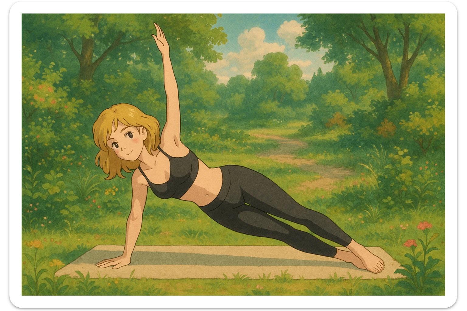 dirty blonde girl with black leggings and black bra doing pilates, side plank pose, ghibli style sticker