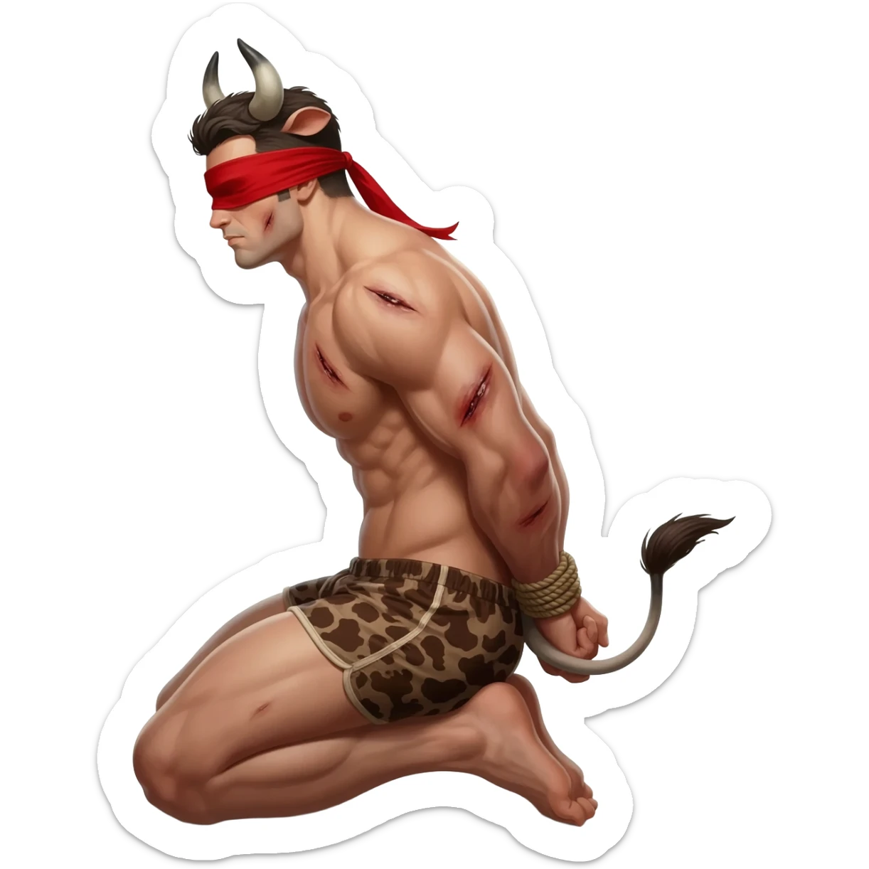 handsome extra large muscular man covered with scars with large breasts with bull horns and cow ears and bull tail with red blindfold dressed in thongs with brown cow print sits on his knees with hands tied behind the bback side view sticker