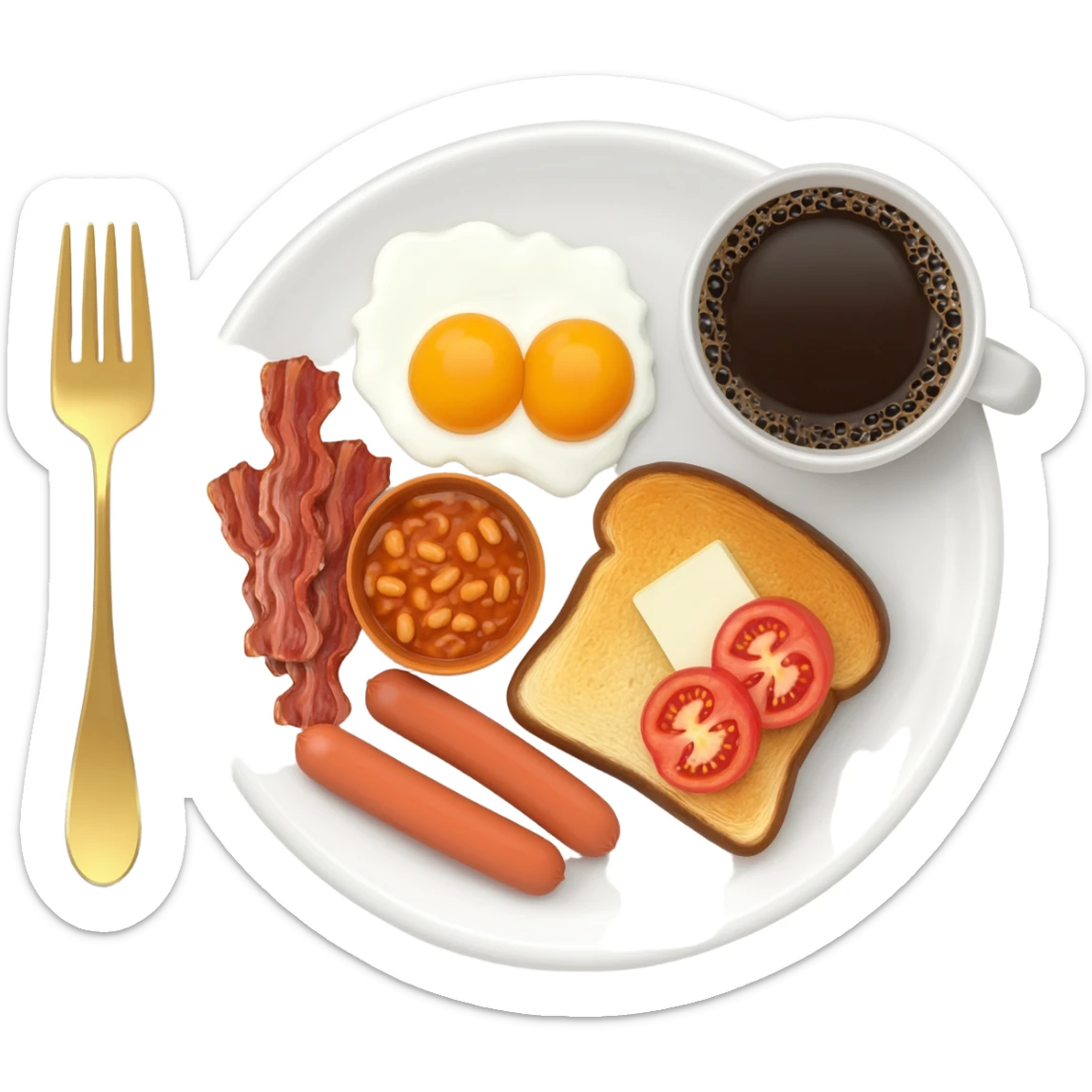 English breakfast full English breakfast with two eggs, bacon, sausage, beans, toast, and tomato оn a beautiful white plate with a gold fork and cup of coffee sticker
