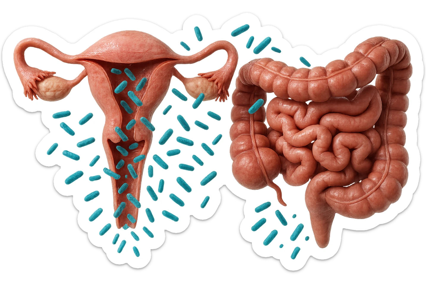 UTERO UMANO E INTESTINO ANATOMICI REALISTICI SONO UNO ACCANTO ALL'ALTRO E SI PASSANO I BATTERI A VICENDA, CON BATTERI CHE ESCONO DALL'INTERNO, IPERREALISTICO 4K, NON DISEGNATO sticker