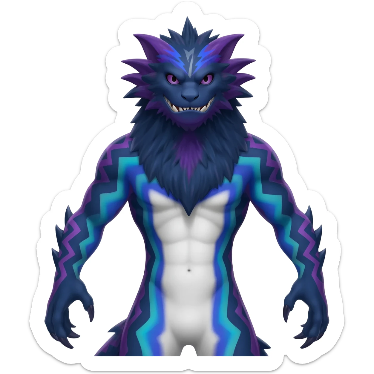 zig-zag-patterned striking indigo-violet-blue-cyan-gradiented with dark undertones, white underside, thunderous stormy edgy badass realistic Vernid-Sergal-Genet-Trico-fantasy-creature-species by LiLaiRa, full body sticker