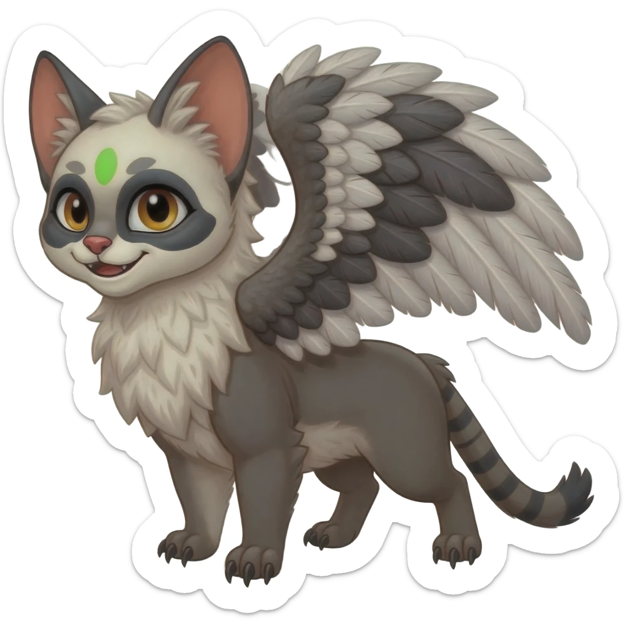 Cute kawaii cool edgy badass  fantasy-caracal-civet-genet-sergal-vernid-Gryphon-Cacomistle-Trico-oncilla-animal-Fakémon-hybrid-fursona (full body), facial markings, (realism style) sticker