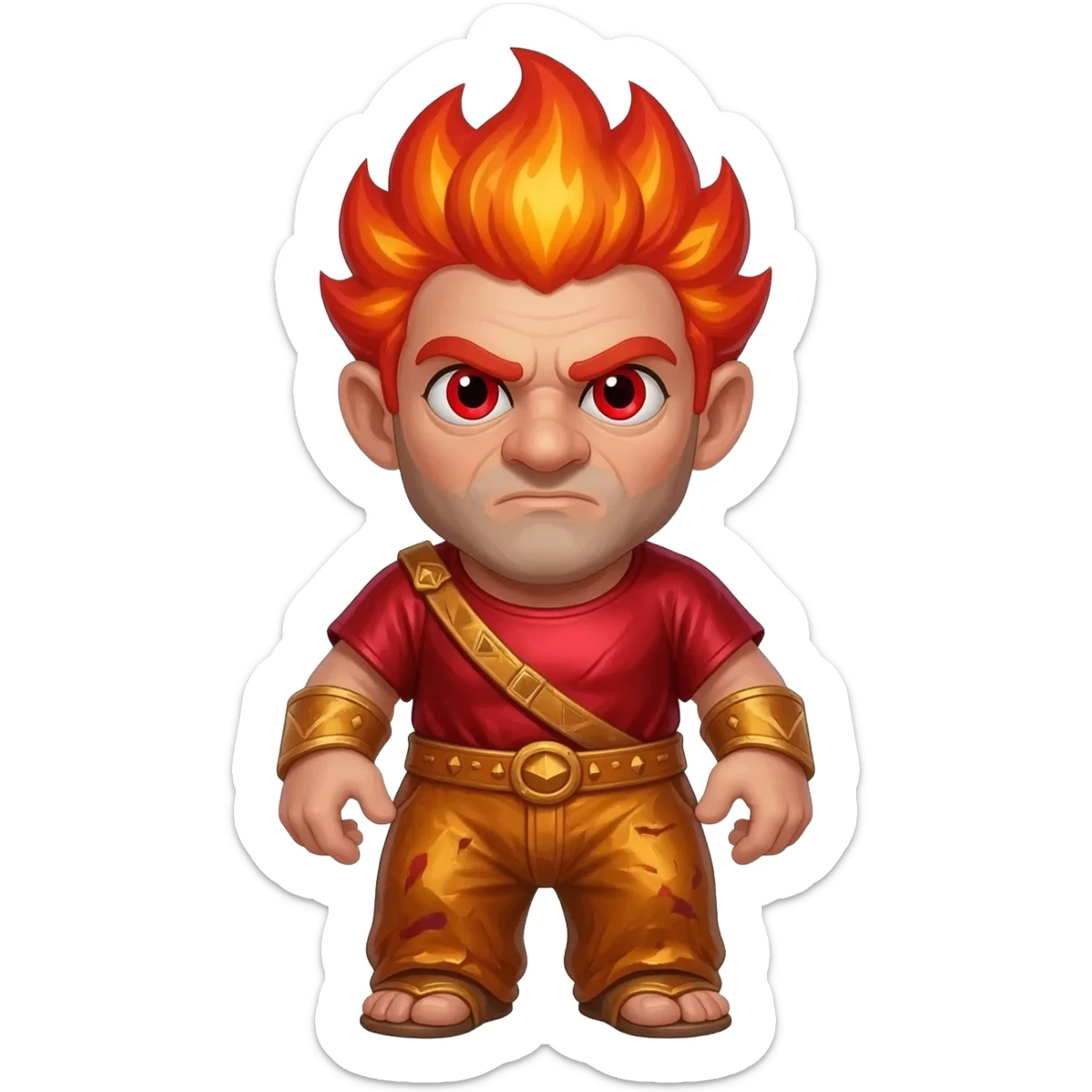 Hephaestus  from Greek Mythology with red eyes, red hair, red metallic shirt, burnt orange metallic baggy pants, red necklace sticker