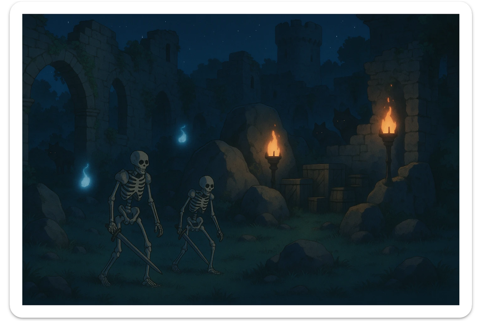 midnight within the ruins of abandoned castle yard, protrude boulders, amid iron torches and crates tucked behind, skeleton warriors, wisps, and wolves linger just in the edge of view behind scenery sticker