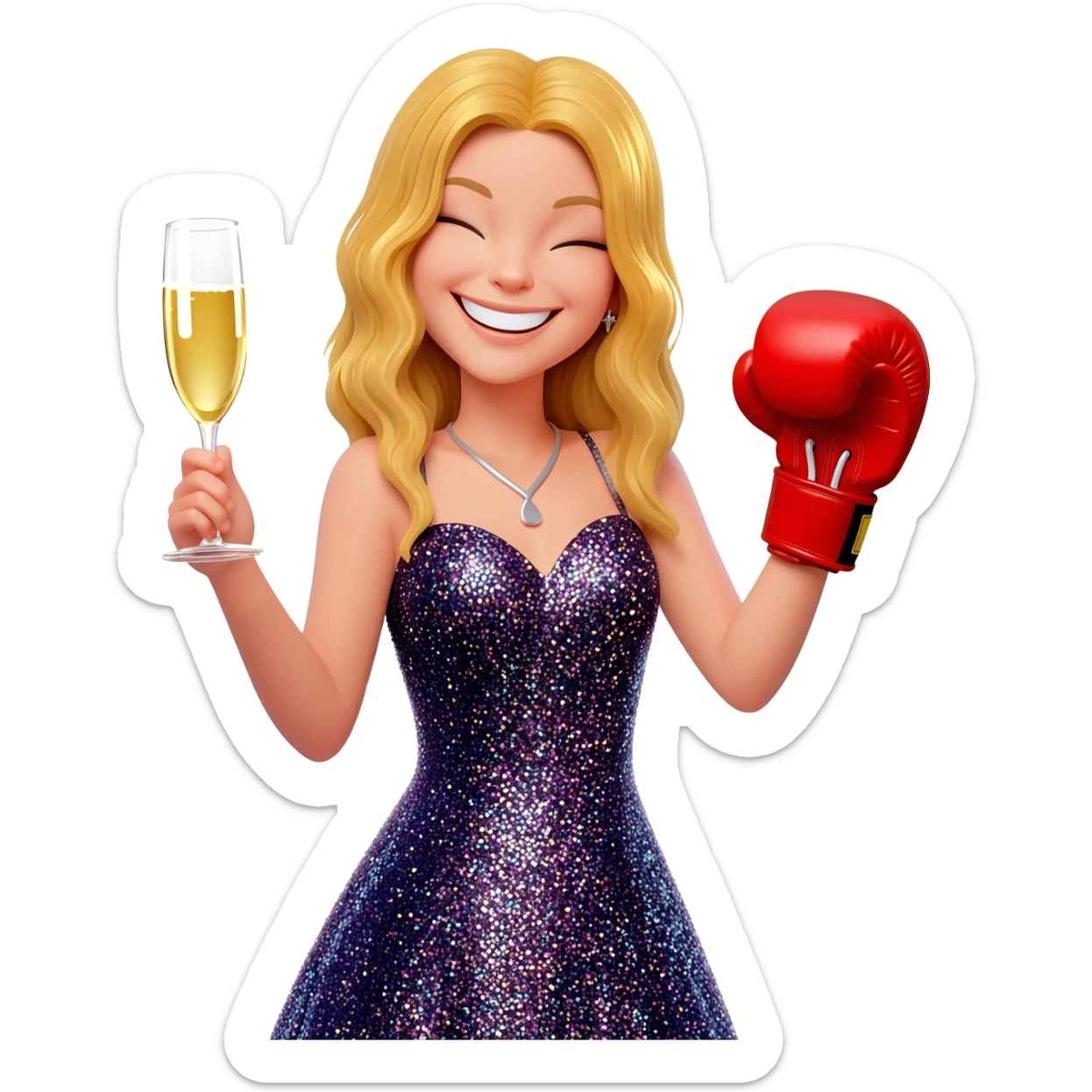 Happy girl, blond girl, party vibe with a glass of champagne and a boxing glove sticker