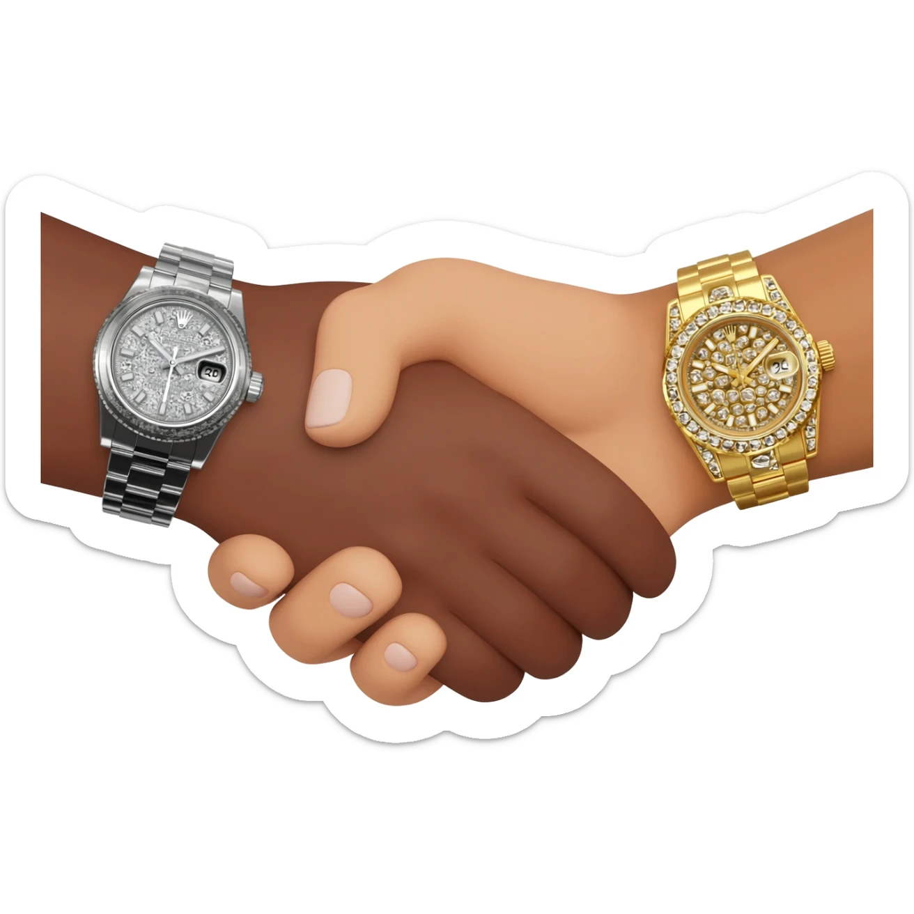 Emoji of a handshake, one wrist with a silver iced-out Rolex, the other with a gold iced-out Rolex, cartoon style, bold colors, focus on hands and luxury watches, transparent background. sticker