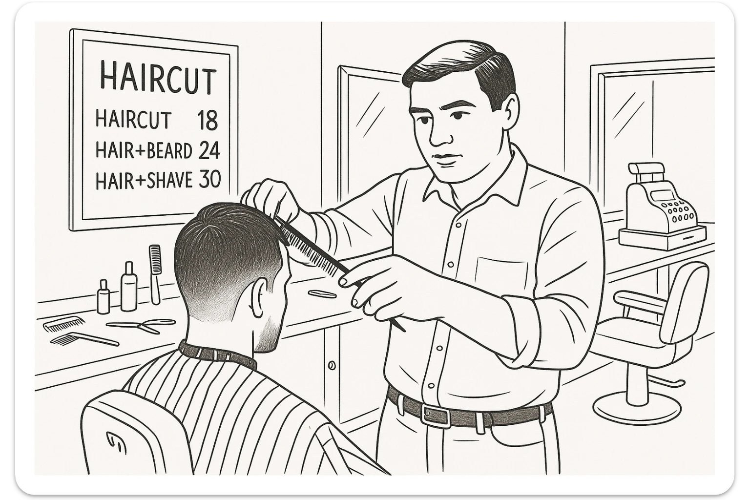 Draw me a sketch of the barbershop, but make sure there's a cash register there. sticker