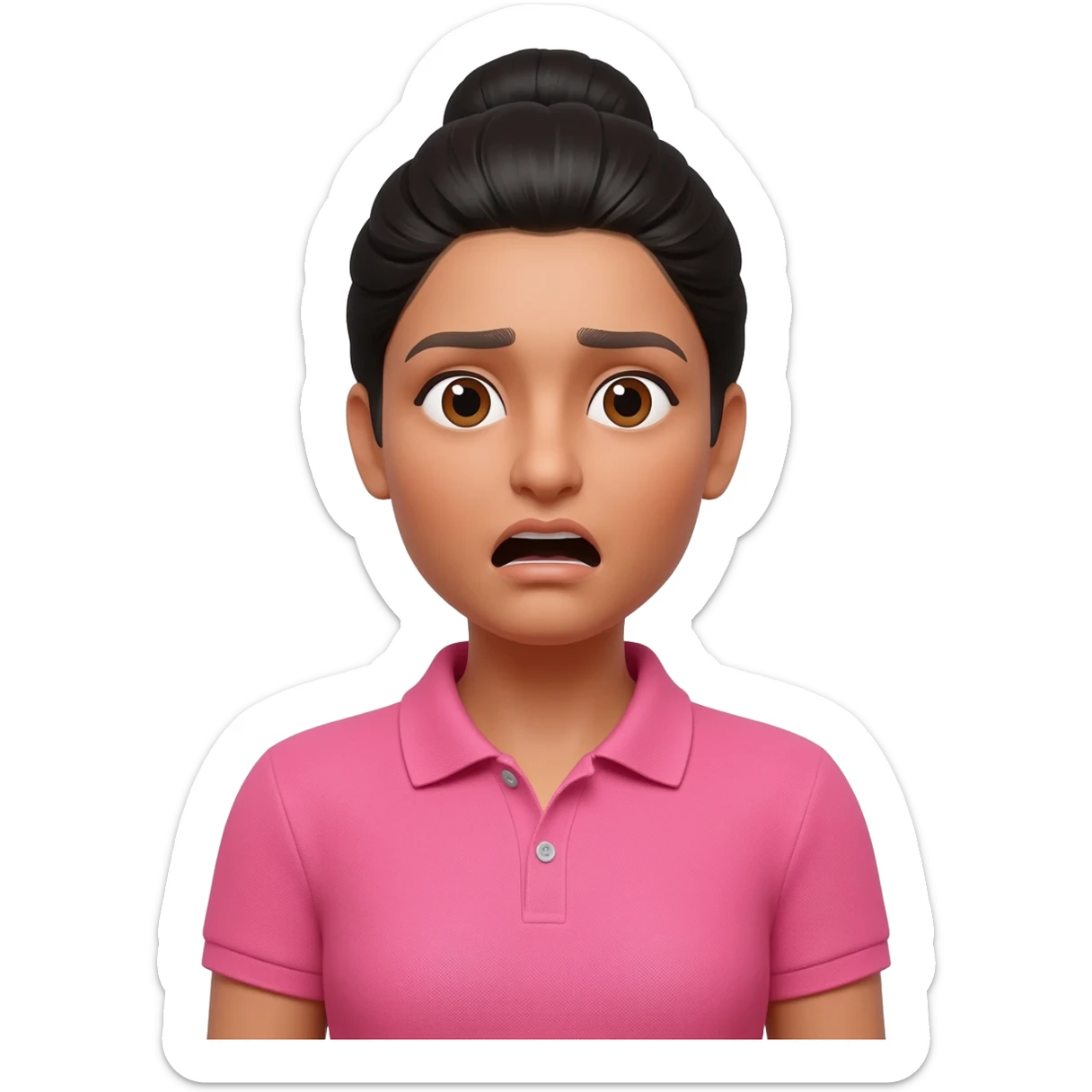 Indian woman in a professional hair bun, wearing pink polo tshirt, in an emergency, showing a panic face. sticker