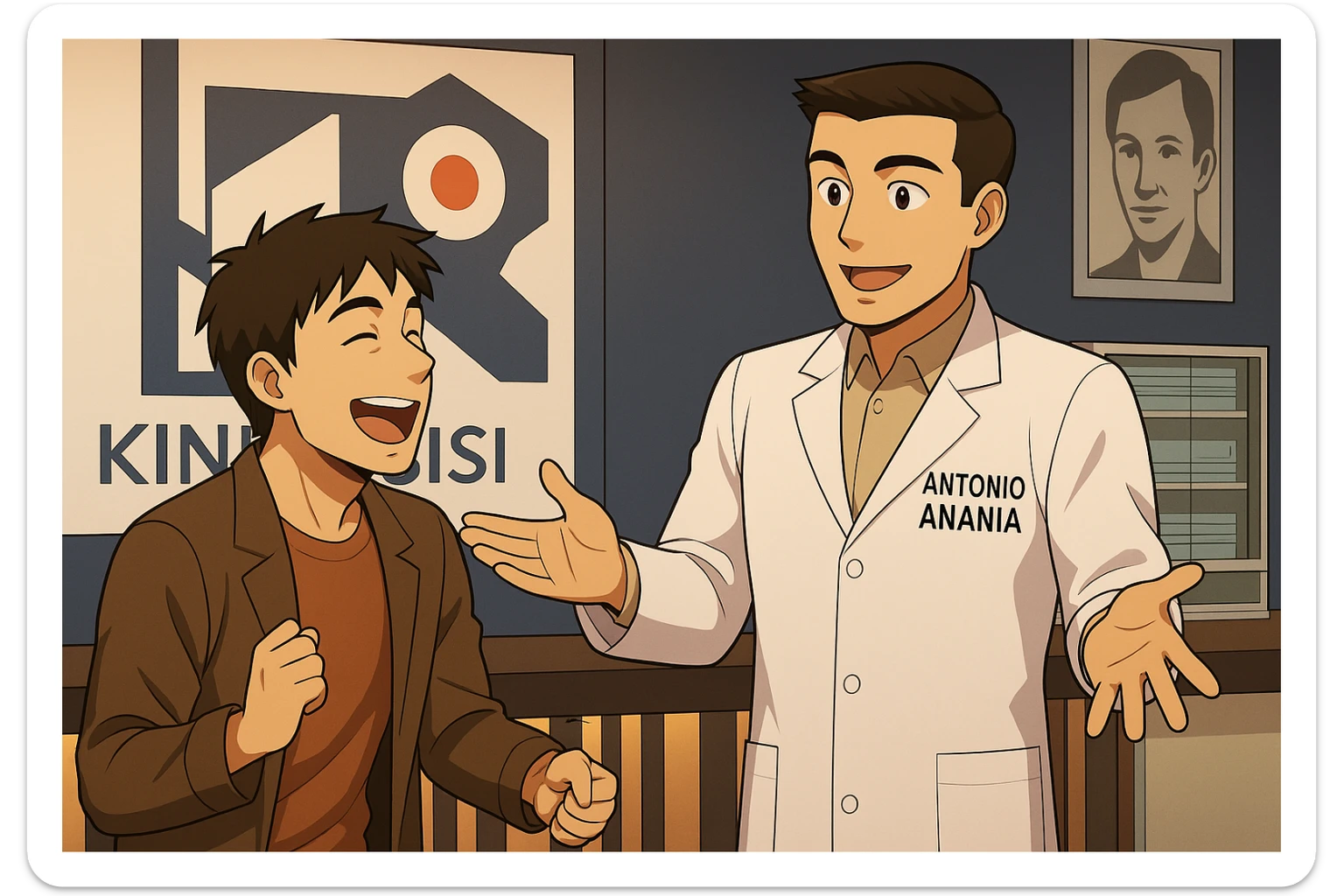  rappresenta un webtoon manga a colori con questo stile, in cui un uomo esclama una cosa entusiasta al kinesiologo con il camice bianco (fagli anche la scritta "ANTONIO ANANIA" SUL CAMICE), IL KINESIOLOGO lo aspetta a braccia aperte. l'espressione dell'uomo è felice e soddisfatta, non fare i fumetti però, fai solo in modo che sembri stiano parlando sticker