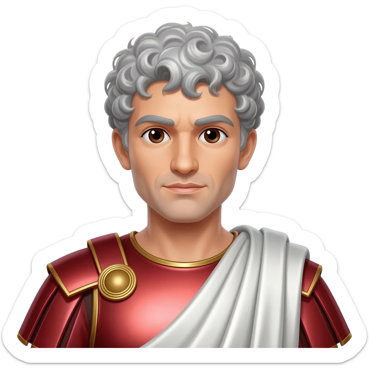 Mark Antony from Rome Mythology with dark brown eyes, silver curly hair, red metallic tunic, white metallic toga sticker