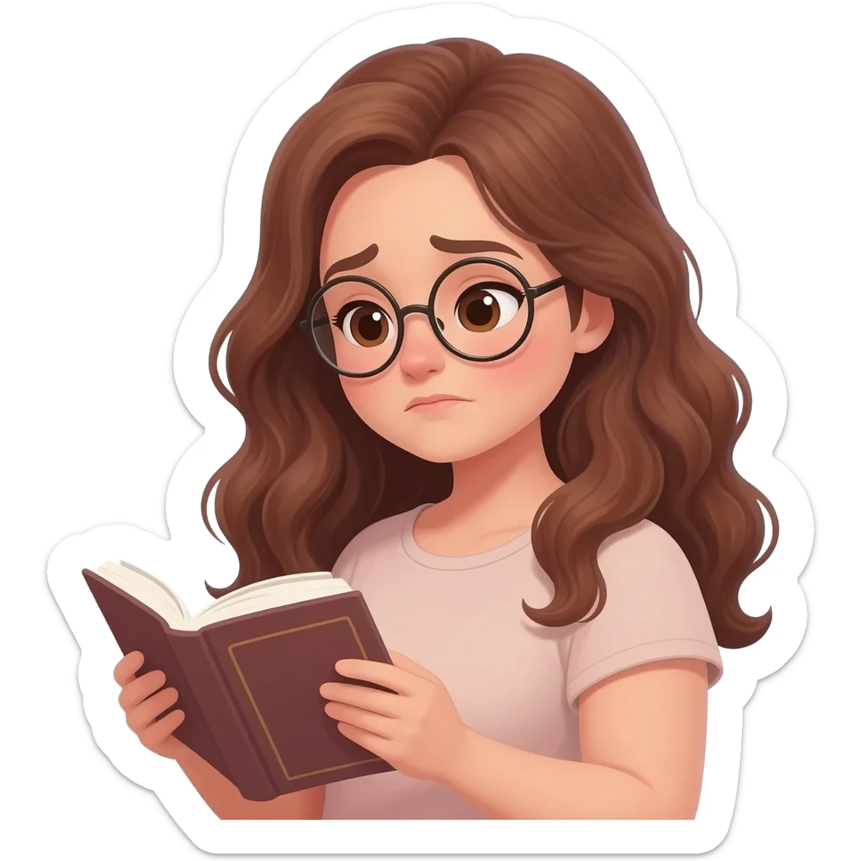 detailed emoji illustration of a curvy woman with long chestnut brown wavy hair, light brown eyes and round glasses reading a book with an emotional expression, touched by the story, emoji style sticker