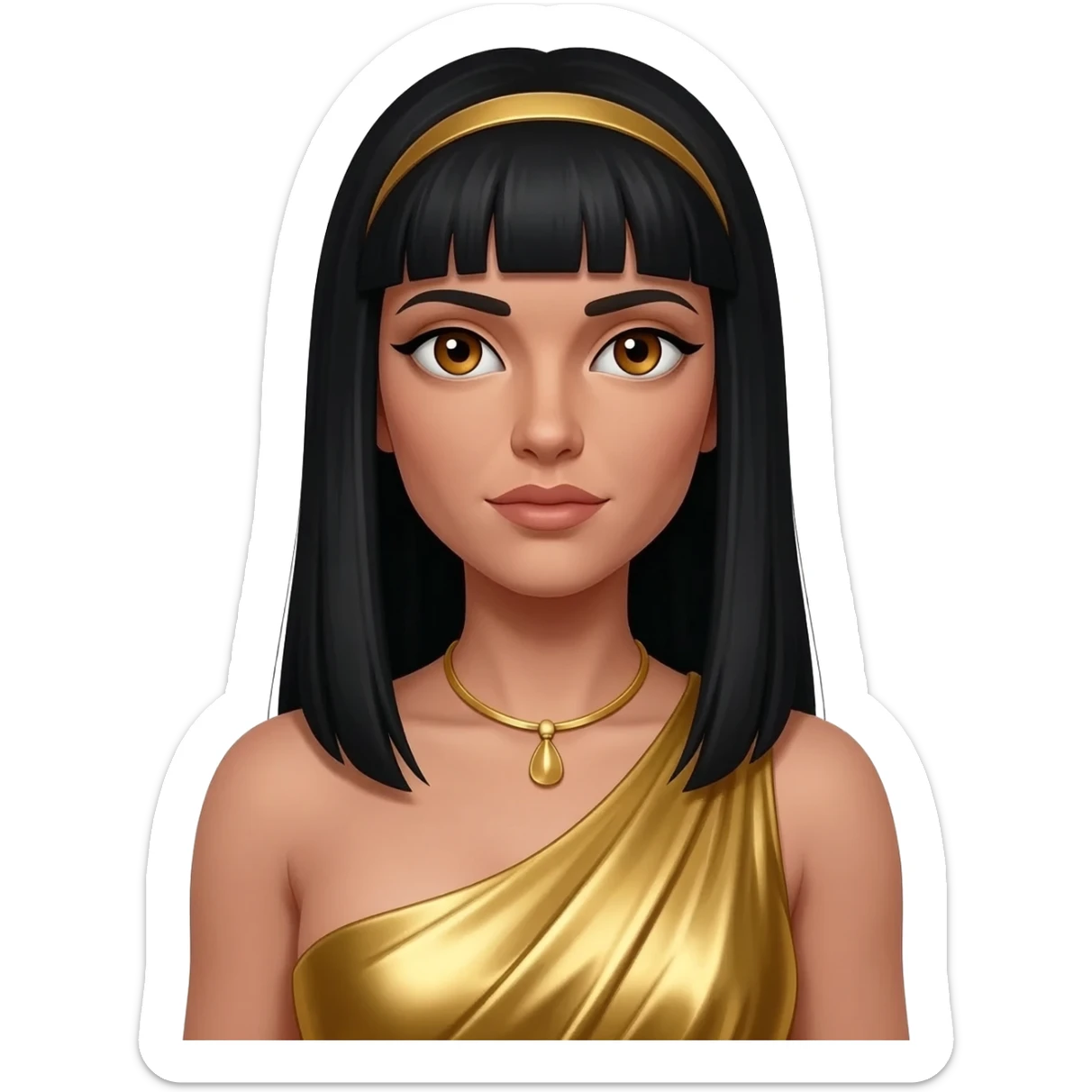 Cleopatra with hazel eyes, long black hair, gold metallic dress, gold necklace sticker