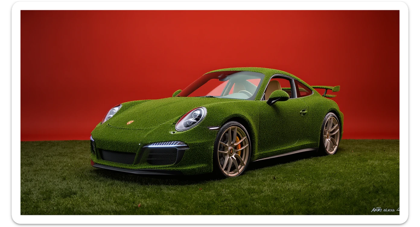 Medium shot of a porsche 911 made of green grass, red solid studio background, low keu light, top soft light, dutch angle,  captured by arri alexa sticker