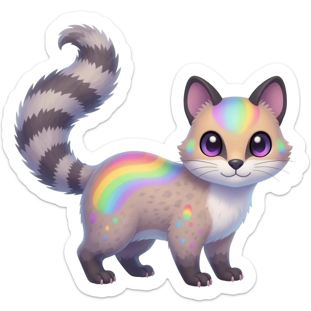  cute adorable pastel-iridescence-gradients albino fur with random colorful iridescent rainbow markings beautiful elegant pretty precious cute  Fakémon-Pokémon-opossum-feline-serval-caracal-chinchilla-Minccino-hybrid-creature with a big fluffy bushy striped tail (full body) sticker