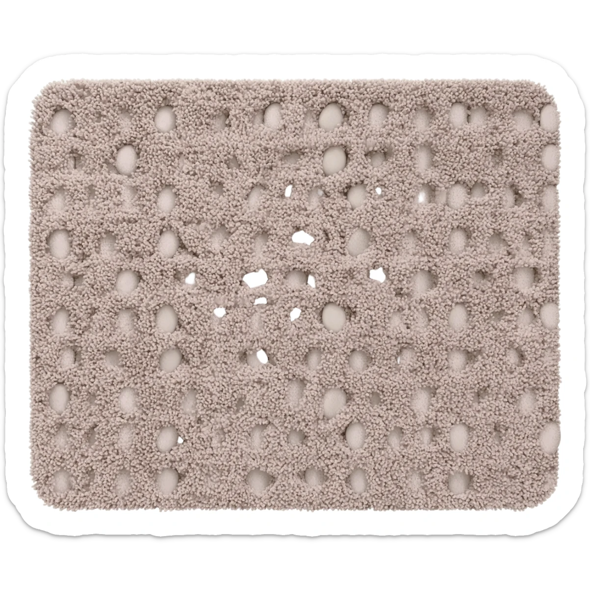 Minimalist product photo of a textured bath mat with a raised pebble-like pattern, soft fabric material with plush loops, rectangular shape with rounded edges, detailed textile texture visible sticker
