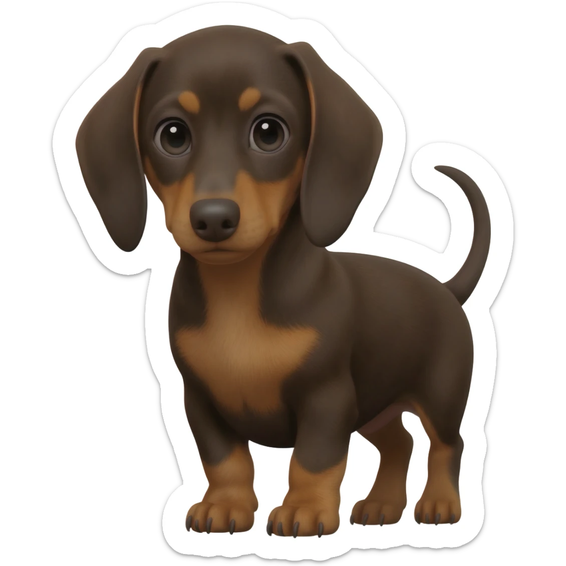 I want an emoji of an 8 week old dachshund puppy with mostly dark brown fur, long ears, short legs and a little bit of lighter brown fur on his chest. sticker