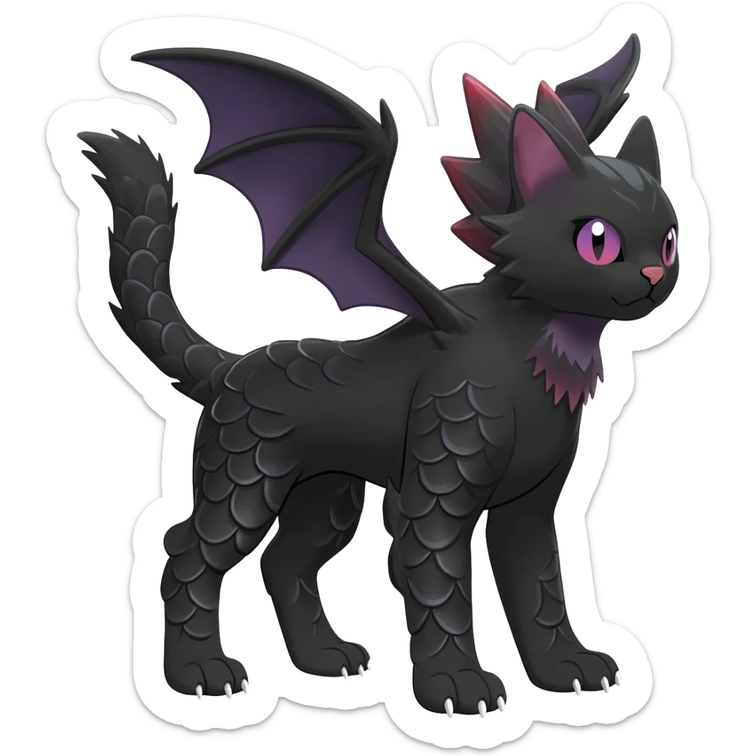Black edgy Noivern-Noibat-Purloin-Torracat-Lykoi-Caracal-cat-Fakemon-fusion-hybrid-creature with scale markings sticker