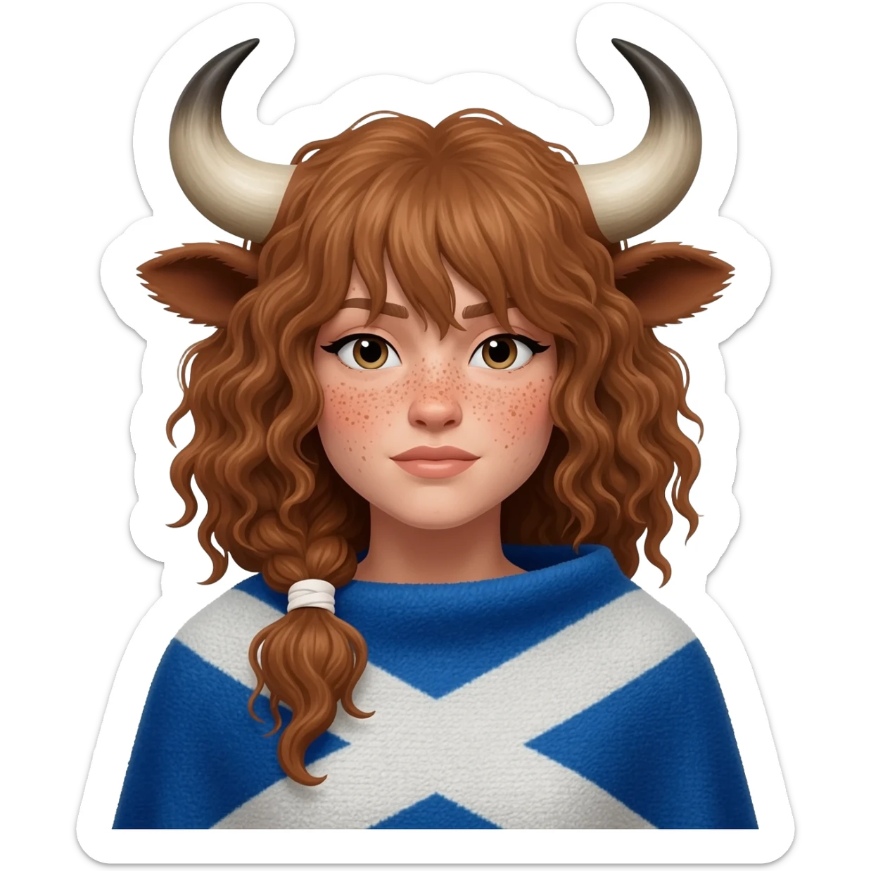 buff curly woman with freckles with messy light brown bangs covering the eyes with cow horns and cow brown ears with ribbon in her hair with body covered in Scottish flag like a blanket sticker