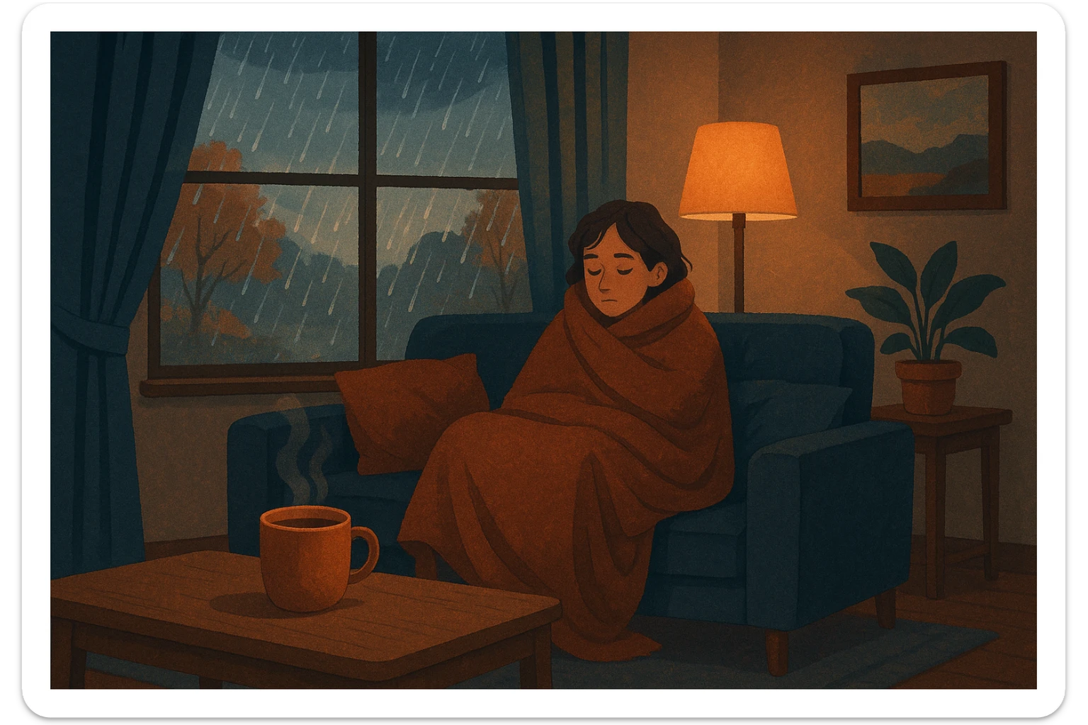 cozy living room scene with warm lighting, a person wrapped in a blanket on a sofa, a mug of tea, and a window showing rainy weather outside, all in cool autumn shades sticker