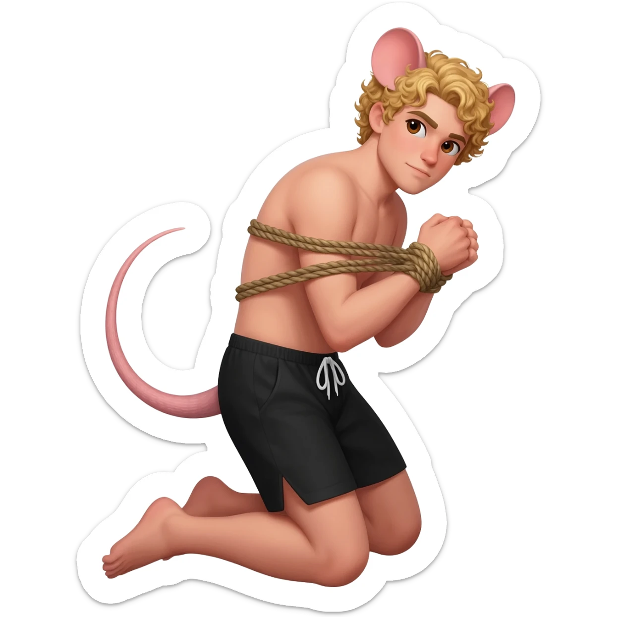 man with brown eyes, curly blond hair. he has rat tail and rat ears. he dressed in black shorts. he is on his knees. her arms are tied up with ropes sticker