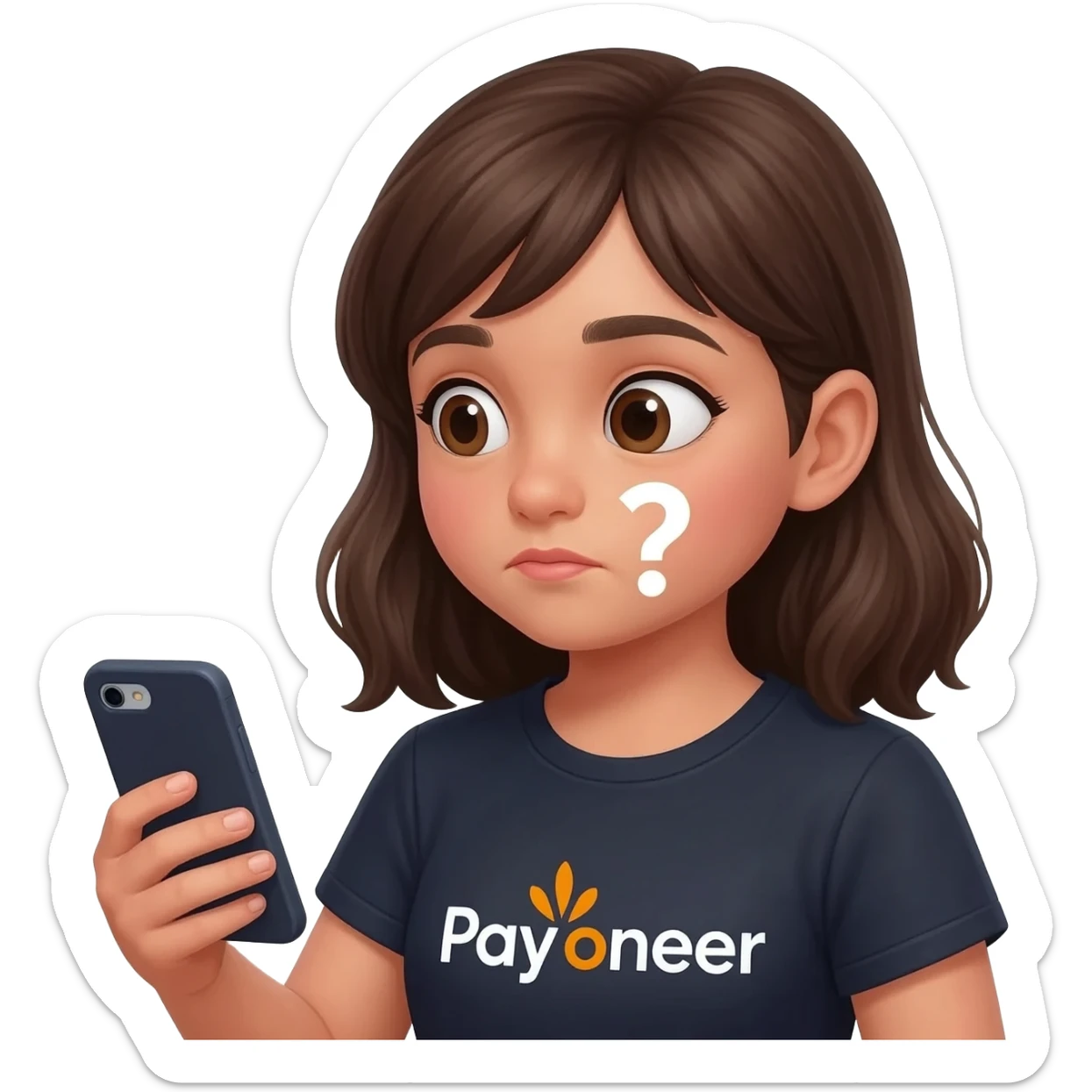 Girl looking at her phone with wondering face and a question mark wearing dark tshirt with payoneer logo sticker