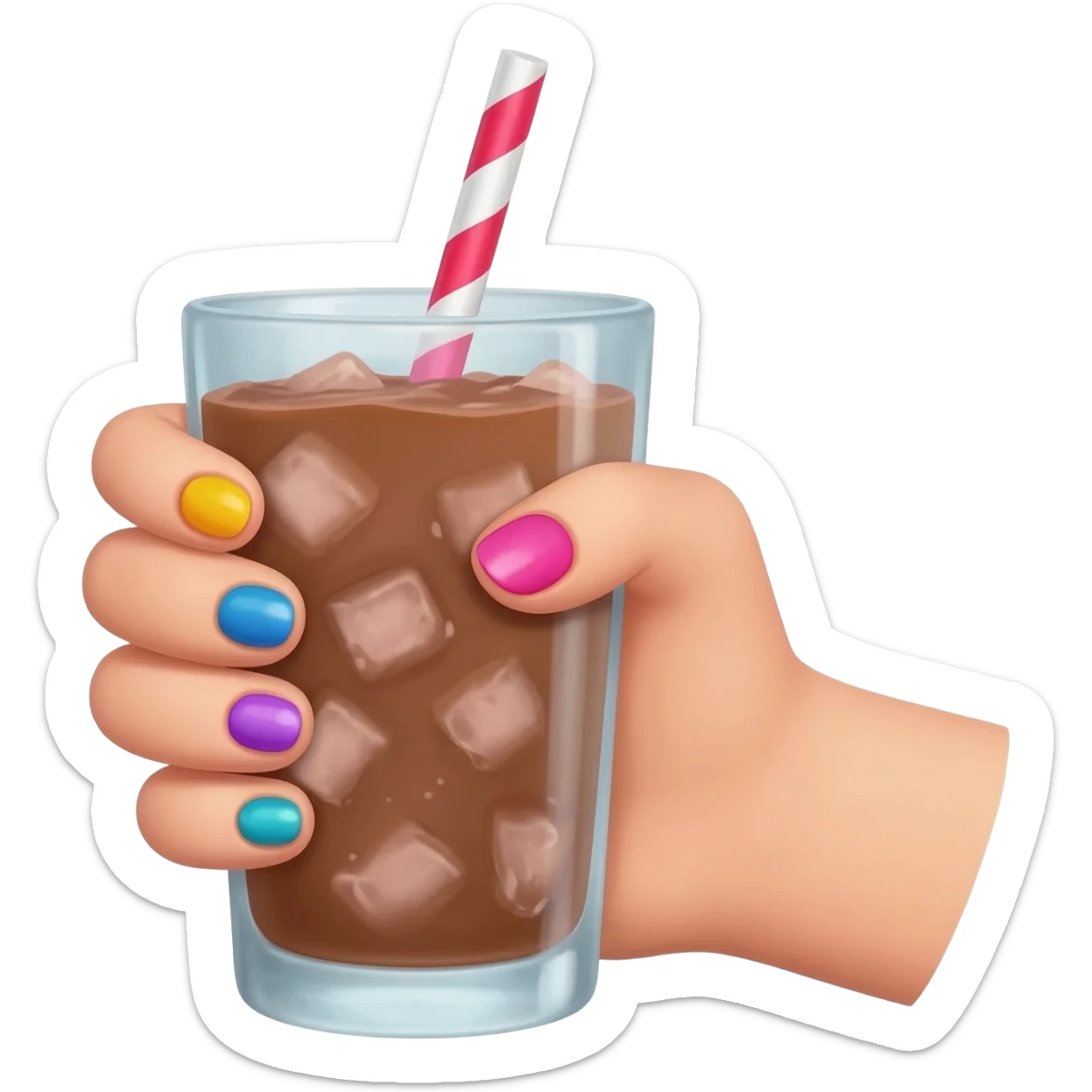 chocolat froid dans un grand verre avec une paille tenue par le bout d’une jolie main de femme avec une belle manucure Style Pinterest réaliste sticker
