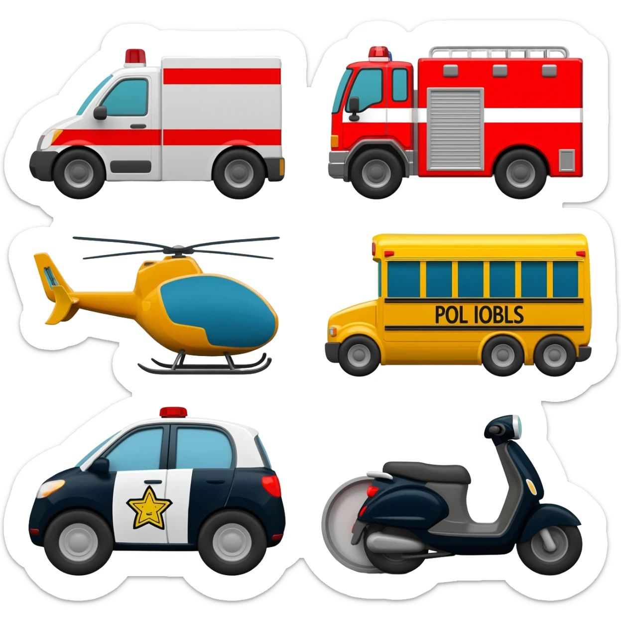 🚂 Train  🚑 Ambulance  🚒 Fire Truck  🚲 Bicycle  🚓 Police Car  🚁 Helicopter  🚌 School Bus  🚗 Car  🛵 Scooter  🚜 Road Roller icons  banavi dee sticker