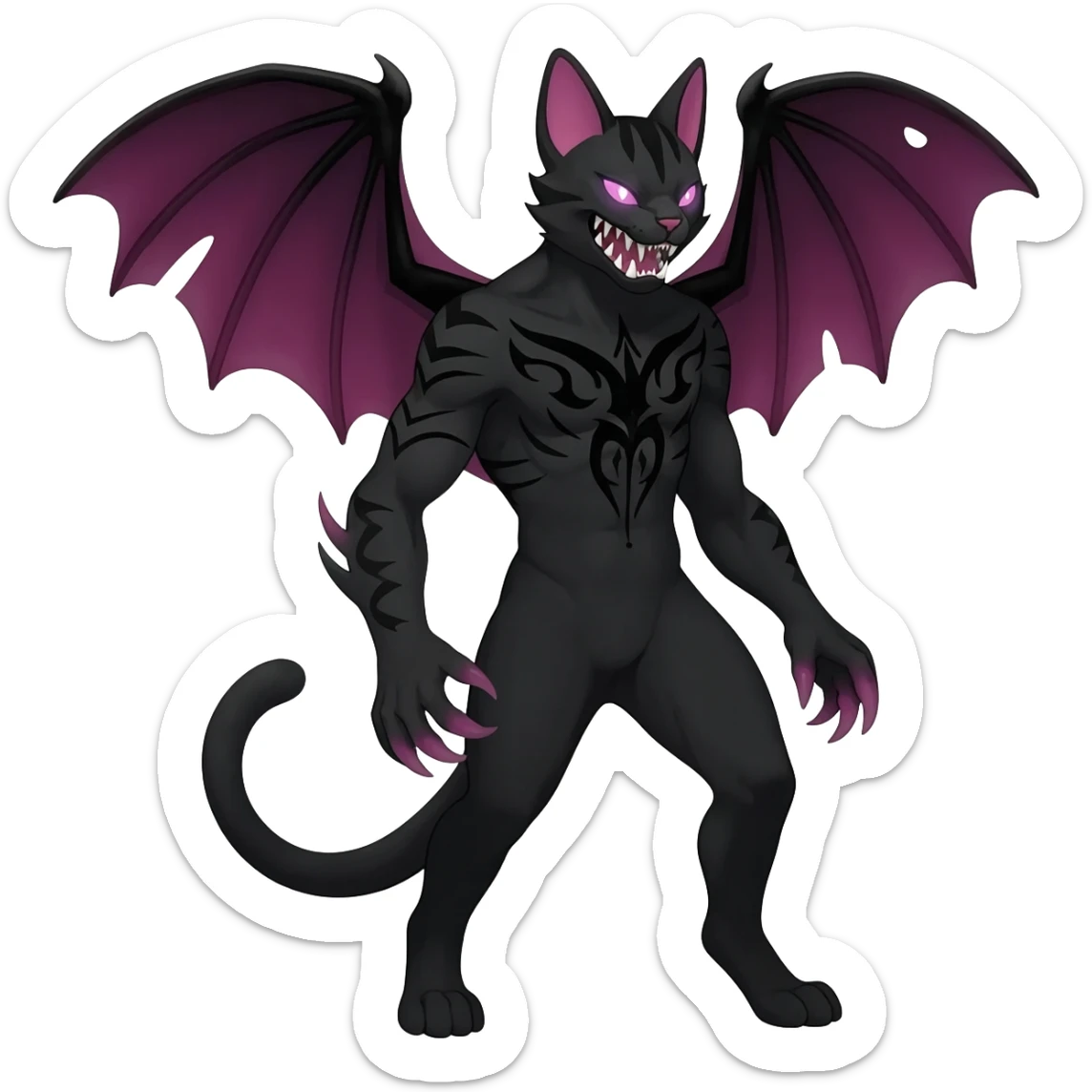 Black edgy Noivern-Noibat-Purloin-Torracat-Lykoi-Caracal-cat-Fakemon-fusion-hybrid-creature with bat wings on head as ears, big fangs, gothic markings sticker