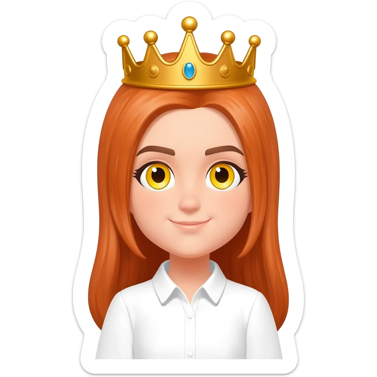 White girl with orange long straight hair and yellow eyes with a crown on her head and a white shirt on brown eyebrows and her hair to the side not on her forehead sticker