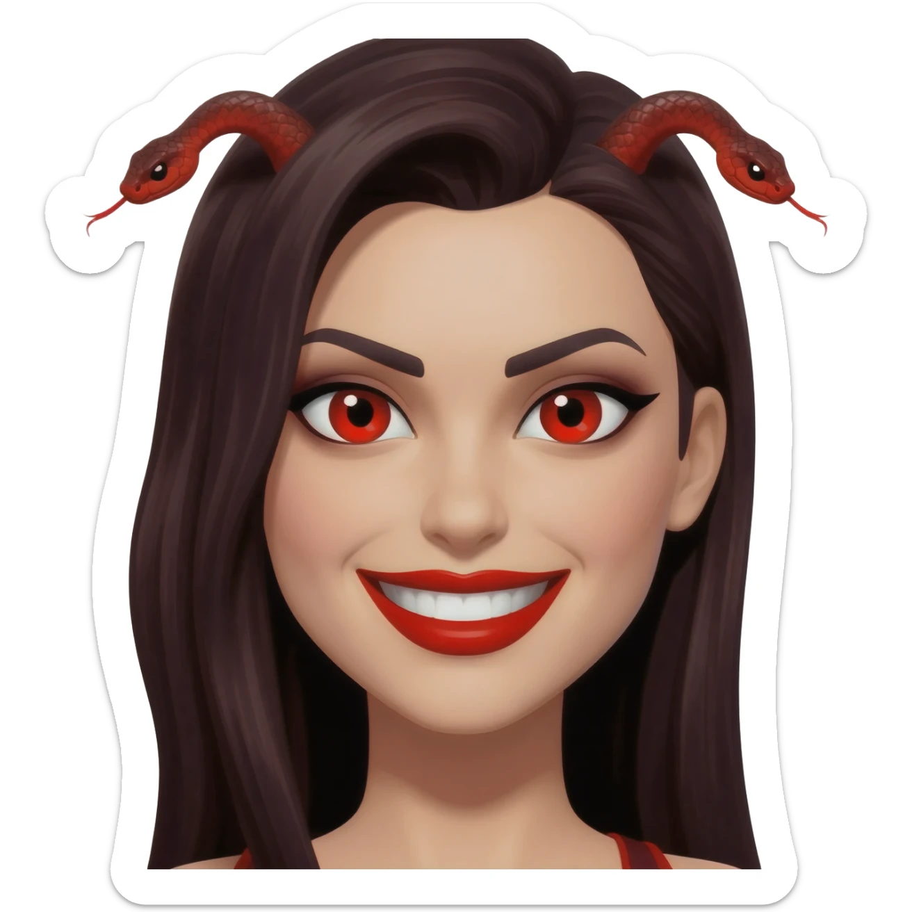 Prostitue with red snake eyes wearing red lipstick and has an evil smile sticker